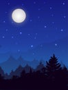 Vertical vector night landscape with spruce forest, sky with stars and full moon. Royalty Free Stock Photo