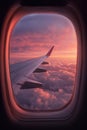 Vertical view of aircraft wing from inside window seat, with soft sunset clouds outside Royalty Free Stock Photo