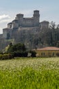 Vertical view of the ancient castle of Torrechiara, Parma, Italy, in the spring season