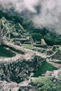 Vertical view of ancient ruins of Machu Picchu. Royalty Free Stock Photo