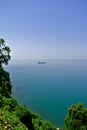 Black sea bay from the side of botanical garden. Beautiful overflow of bright colors from shades of blue to green.