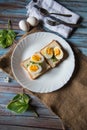 Vertical view of boiled eggs on slices of bread