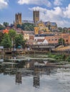 Vertical view of Brayford lake before the Lincoln Cathedral and city buildings of Lincoln