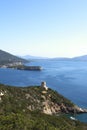 Vertical view of cape Cacia, Sardinia, Italy from the top of a hill with an ancient watchtower. Sunny midday with a turquoise Royalty Free Stock Photo