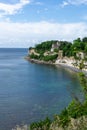 Vertical view of the church at Hojerup on top of the white chalkstone cliffs of Stevns Klint Royalty Free Stock Photo