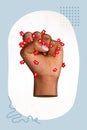 Vertical view collage picture of female hand holding fist many likes in white oval isolated over blue color background