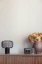 Vertical view of copy space on empty wall behind Dry flowers in brown pottery vase next to old vintage camera and industrial lamp