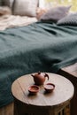 Vertical view of cups with beverage on coffee table Royalty Free Stock Photo