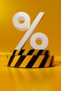 Vertical view of the 3D rendered percent icon over the yellow-striped display