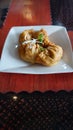 Vertical view of deep fried jiaozi dumplings called zha jiao