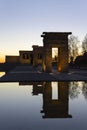 Vertical view of the Egyptian Temple of Debod at sunset. Tourist monuments in Madrid, Spain