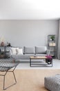 Vertical view of elegant grey living room, real photo with copy Royalty Free Stock Photo