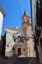 Vertical view. Facade and bell tower of the Santa Maria de Villena Church, Alicante, Spain