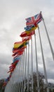 The flags of the Council of Europe with the British Union Jack flag in the foreground