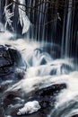 Vertical view of the foamy waves of a river flowing down the rocks in daylight in a forest Royalty Free Stock Photo