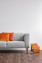 Vertical view of grey comfortable couch with orange pillows and newspaper rack next to it, real photo with copy space on the white Royalty Free Stock Photo