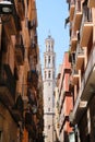 Vertical view of the high white cathedral Santa Maria del Mar in the gothic quarter of Barcelona