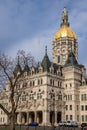 Vertical view of the historic Connecticut State Capitol, The Eastlake style building with a