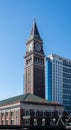 Vertical view of the historic King Street Station, an Amtrak train station in Seattle,