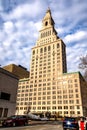 Vertical view of the iconic Travelers Tower a 1919 neo-classical pink granite 24-story