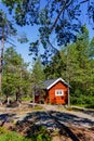 Vertical view of an idyllic wooden red cottage in forest landscape on the Baltic Sea in northern Sweden Royalty Free Stock Photo