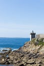 View of the Kermovan lighthouse and bay on the coast of Brittany in France