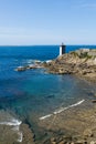 View of the Kermovan lighthouse and bay on the coast of Brittany in France
