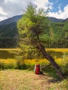 Vertical view of large orange tourist backpack under an autumn tree on the lakeshore. A tourist stop. Rest time, camping life conc Royalty Free Stock Photo