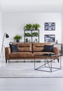 Vertical view of luxury home interior. Brown leather sofa with brown pillows in the middle shelf