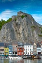 Vertical view of the Meuse River and the historic old riverside town of Dinant in Belgium