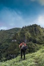 Vertical view of a middle aged man hiker a beautiful landscape with a green rocky mountain and full of trees and vegetation with a