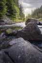 Mountain river in the forest at sunrise Royalty Free Stock Photo