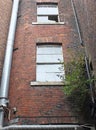 Vertical view of an old run down abandoned tall brick building with broken windows and weeds growing out of the wall Royalty Free Stock Photo