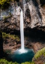 Vertical view of the picturesque and idyllic Berglistuber waterfall in the Swiss Alps near Glarus and Klausenpass