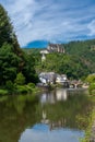 Vertical view of the picturesque village and castle of Vianden on the Our River in Luxembourg Royalty Free Stock Photo