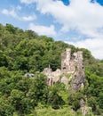 Vertical view of Rheinstein Castle in Germany in bright sunshine, against a background of dense woodland and blue sky Royalty Free Stock Photo