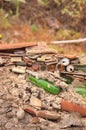 Vertical view of a ruined wall formed by waste materials Royalty Free Stock Photo