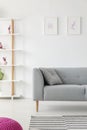 Scandinavian living room design with grey couch, heater prints on the wall and wooden shelf with vases on it