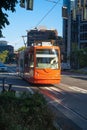 Vertical view of a Seattle Streetcar going by on Westlake Avenue Royalty Free Stock Photo