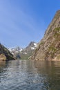 A vertical view of the serene Trollfjorden in Lofoten, Norway, where steep cliffs meet the calm waters