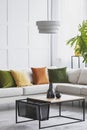 Vertical view of simple white chandelier hanging above modern wooden coffee table in living room with golden lime accents