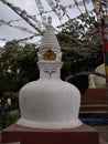 Vertical view. Vertical view of a stupa with the eyes of the Buddha in the Swayambhunath Temple, the monkey temple. Kathmandu, Nep Royalty Free Stock Photo