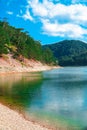 Vertical view of Sunnet Lake, Green and blue water and blue sky, Mountain Forests at the far end, Bolu, Turkey Royalty Free Stock Photo