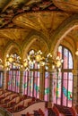 Vertical view of the theatrical setting vintage interior of Palau de la Musica in Barcelona