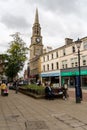 A vertical view of the town centre, including the clock tower in Falkirk, Scotland, UK