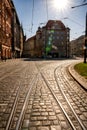 Vertical view of tram rails running through SenovÃ¡Å¾nÃ© square in Prague.