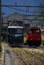 Vertical view of a vintage SBB Ae 6 and 6 train on train tracks in Erstfeld, Switzerland Royalty Free Stock Photo