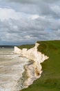 Vertical view of the white cliffs of the Seven Sisters in East Sussex on the English Channel