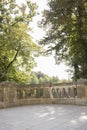 Stone balcony with trees in background