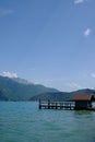 Vertical view of a wooden lakehouse cabin on Lake Annecy, France Royalty Free Stock Photo